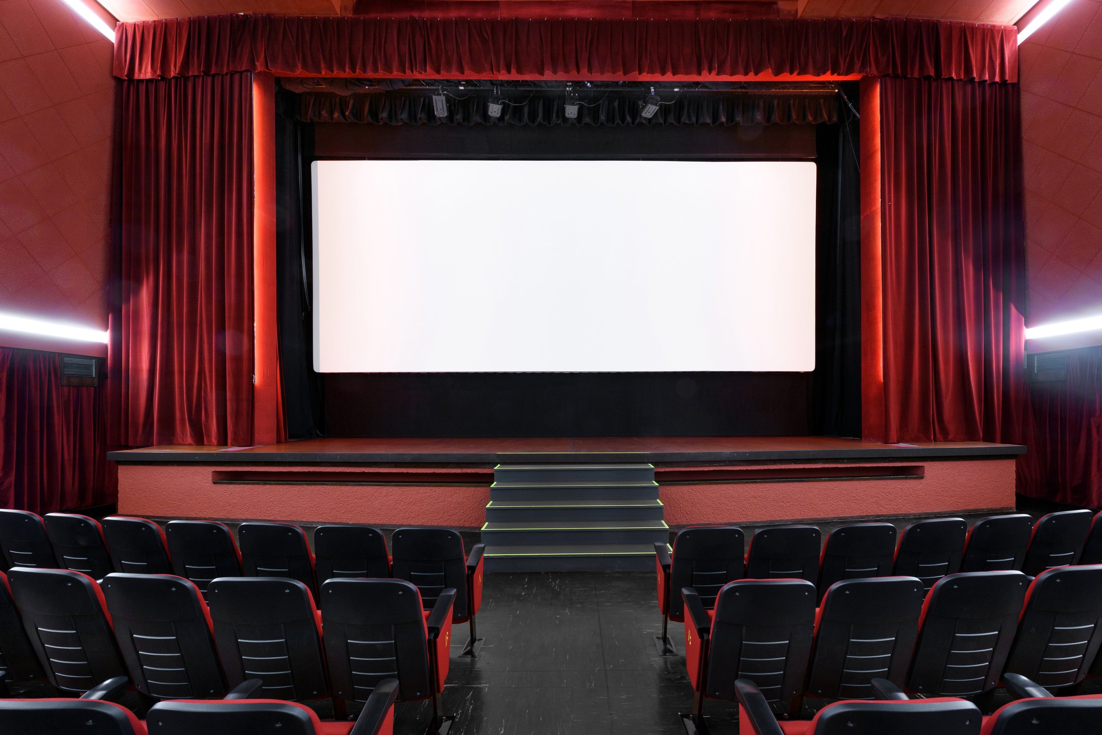 Movie theater with blank screen